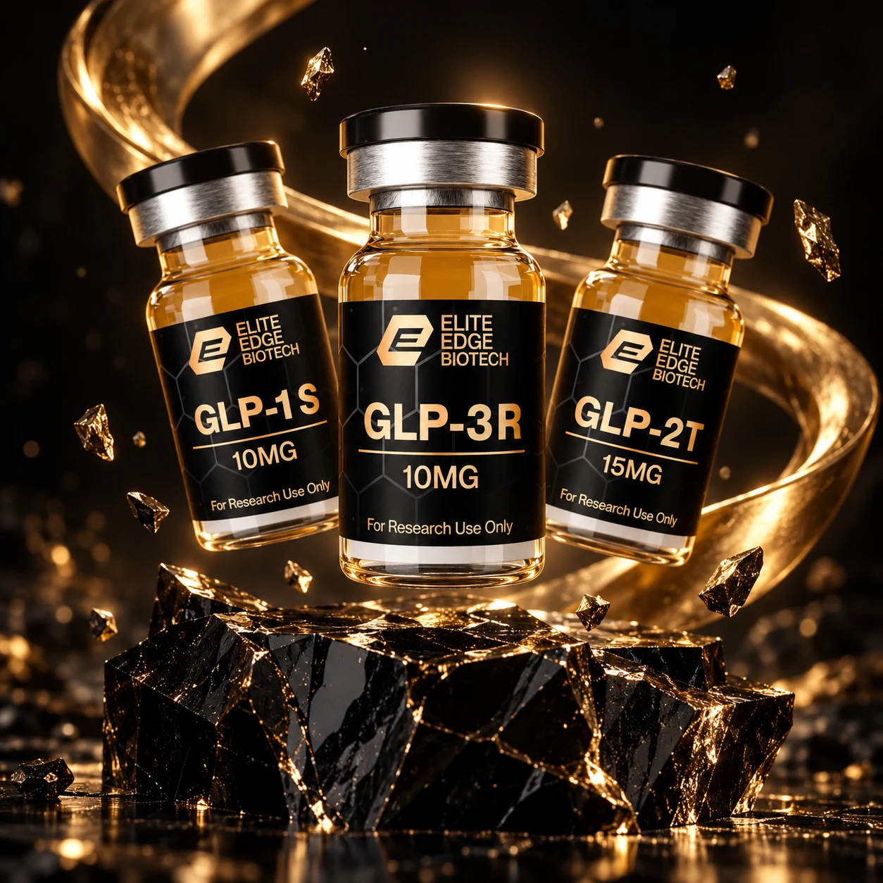 Elite Edge Biotech GLP-1S, GLP-2T and GLP-3R research vials suspended above black obsidian, surrounded by a sculptural gold ribbon.